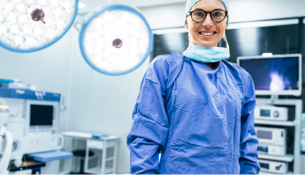 Locum tenens CRNA wearing scrubs in operating room