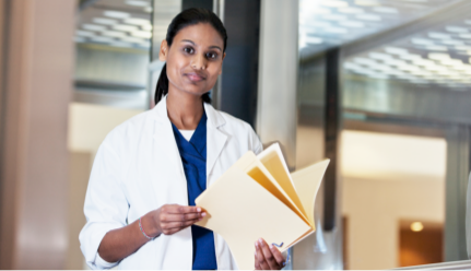 Locum tenens nurse practitioner holding a folder