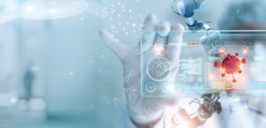 Doctor with white gloved hand touching a COVID-19 screen