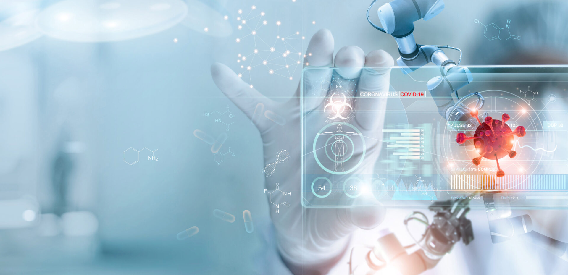 Doctor with white gloved hand touching a COVID-19 screen